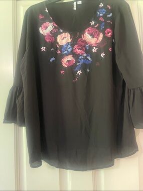 Elle Black Scoop-Neck Blouse with Pink and Blue Floral Embroidery